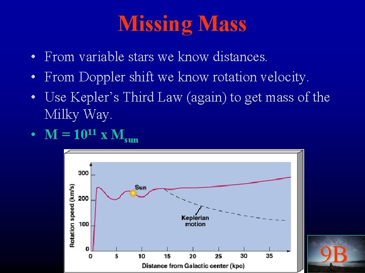 Missing Mass • From variable stars we know distances. • From Doppler shift we