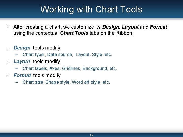 Working with Chart Tools v After creating a chart, we customize its Design, Layout Working with Chart Tools v After creating a chart, we customize its Design, Layout