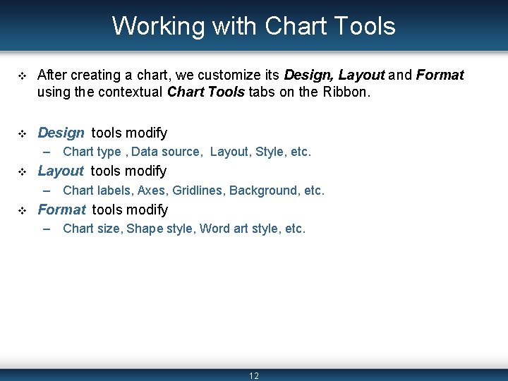 Working with Chart Tools v After creating a chart, we customize its Design, Layout