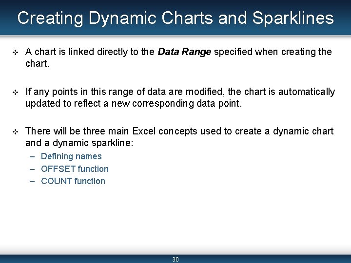 Creating Dynamic Charts and Sparklines v A chart is linked directly to the Data