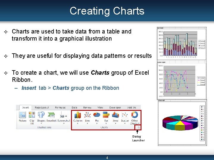 Creating Charts v Charts are used to take data from a table and transform