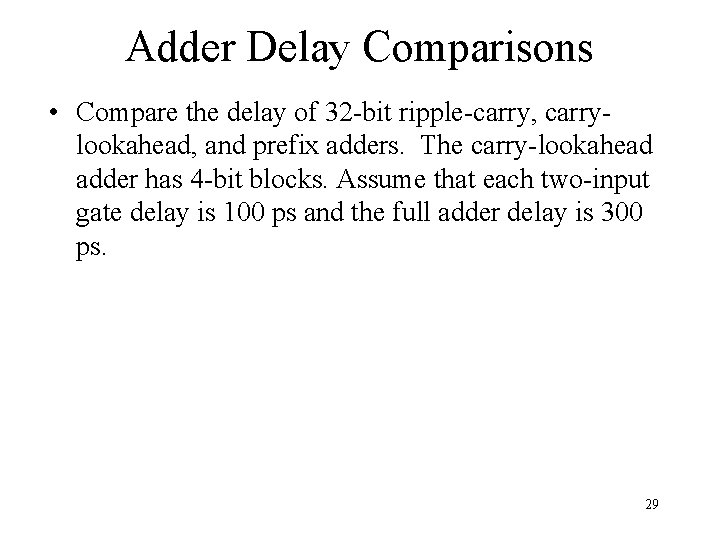 Adder Delay Comparisons • Compare the delay of 32 -bit ripple-carry, carrylookahead, and prefix