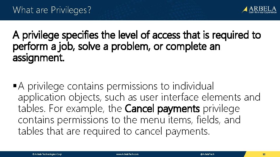 What are Privileges? A privilege specifies the level of access that is required to