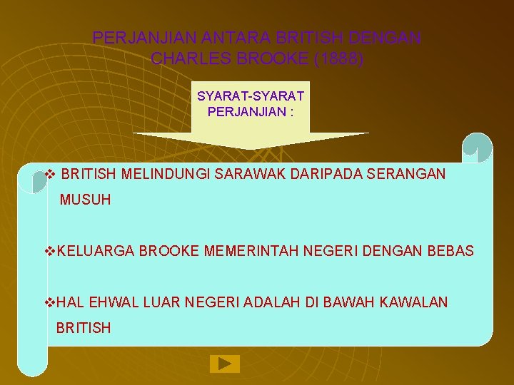 PERJANJIAN ANTARA BRITISH DENGAN CHARLES BROOKE (1888) SYARAT-SYARAT PERJANJIAN : v BRITISH MELINDUNGI SARAWAK