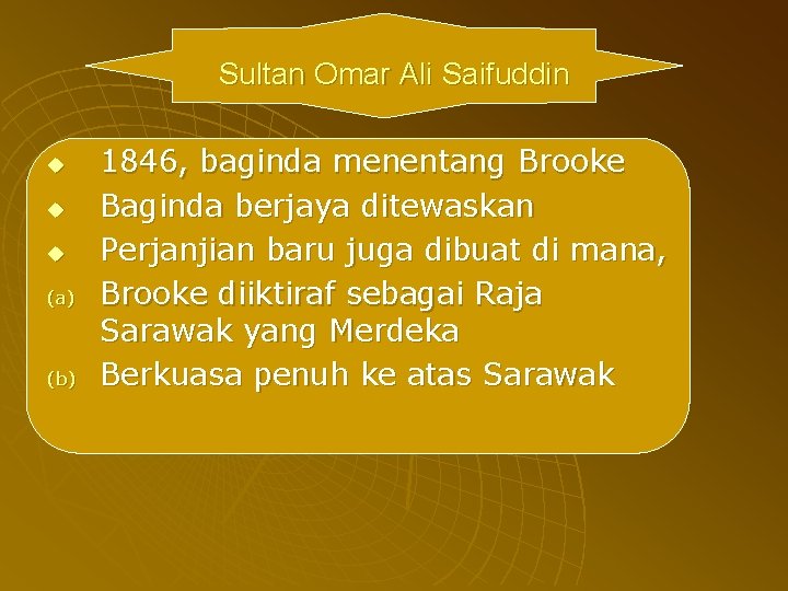 Sultan Omar Ali Saifuddin u u u (a) (b) 1846, baginda menentang Brooke Baginda