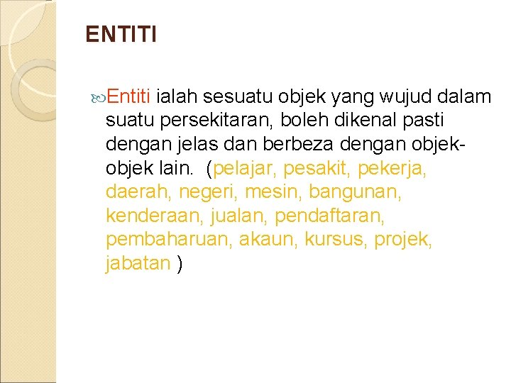 ENTITI Entiti ialah sesuatu objek yang wujud dalam suatu persekitaran, boleh dikenal pasti dengan