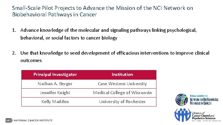 Small-Scale Pilot Projects to Advance the Mission of the NCI Network on Biobehavioral Pathways
