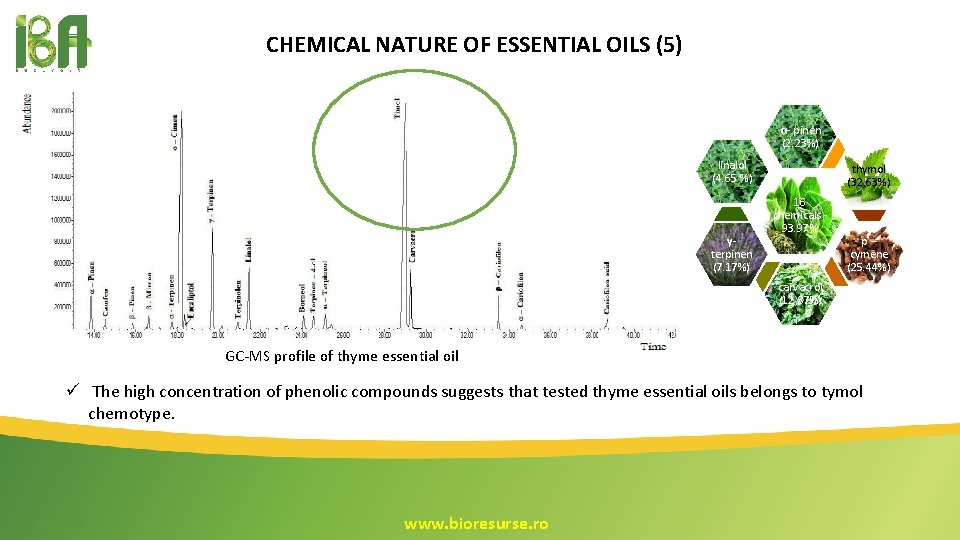 CHEMICAL NATURE OF ESSENTIAL OILS (5) α- pinen (2. 23%) linalol (4. 65 %) CHEMICAL NATURE OF ESSENTIAL OILS (5) α- pinen (2. 23%) linalol (4. 65 %)