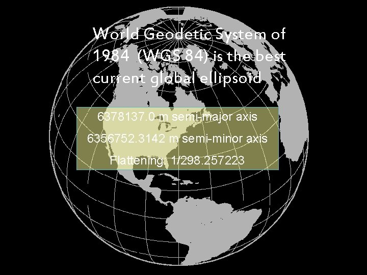 World Geodetic System of 1984 (WGS 84) is the best current global ellipsoid 6378137.