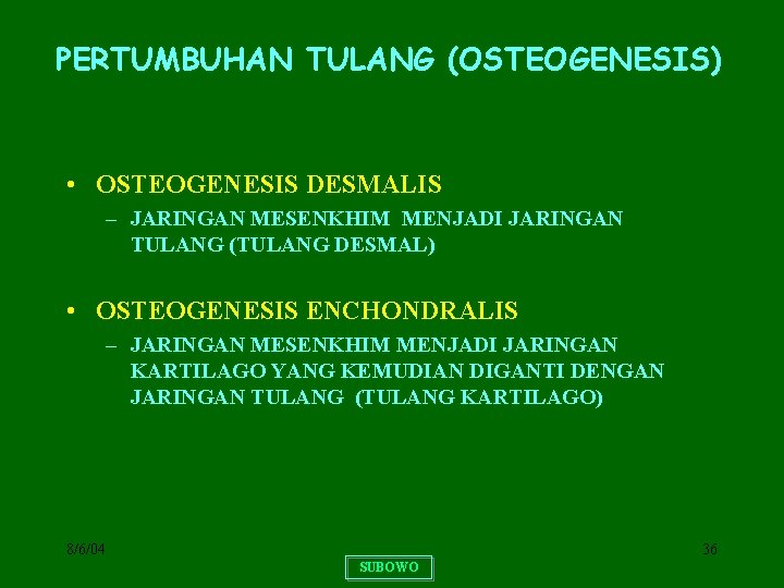 PERTUMBUHAN TULANG (OSTEOGENESIS) • OSTEOGENESIS DESMALIS – JARINGAN MESENKHIM MENJADI JARINGAN TULANG (TULANG DESMAL)