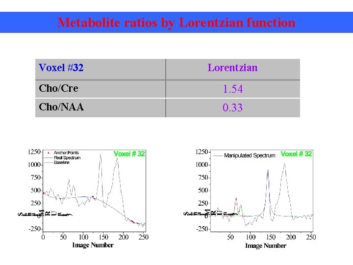 Metabolite ratios by Lorentzian function Voxel #32 Lorentzian Cho/Cre 1. 54 Cho/NAA 0. 33