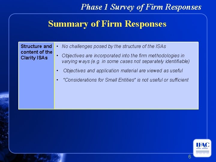 Phase 1 Survey of Firm Responses Summary of Firm Responses Structure and • No