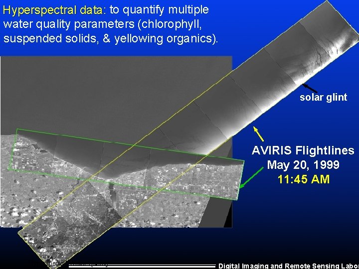 Hyperspectral data: to quantify multiple water quality parameters (chlorophyll, suspended solids, & yellowing organics).