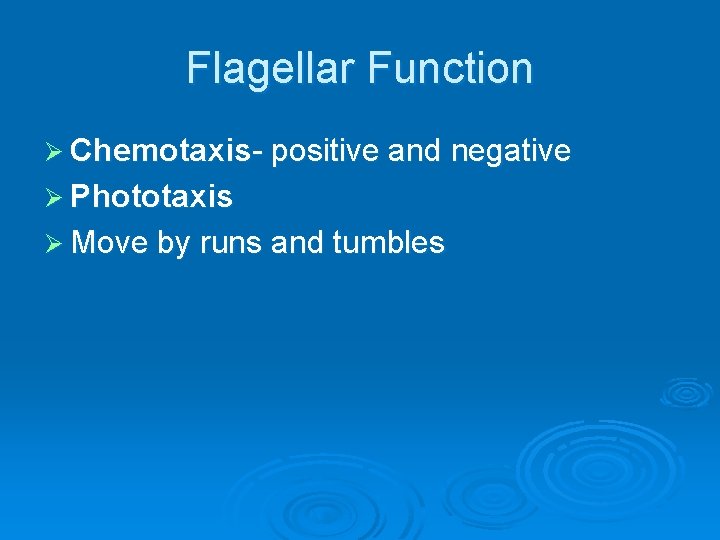 Flagellar Function Ø Chemotaxis- positive and negative Ø Phototaxis Ø Move by runs and