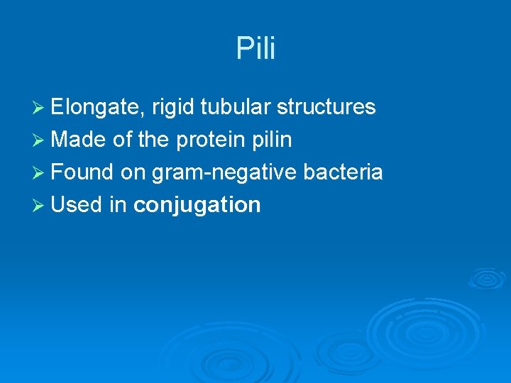 Pili Ø Elongate, rigid tubular structures Ø Made of the protein pilin Ø Found