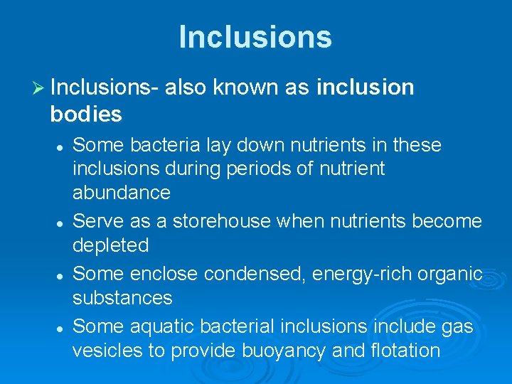 Inclusions Ø Inclusions- also known as inclusion bodies l l Some bacteria lay down