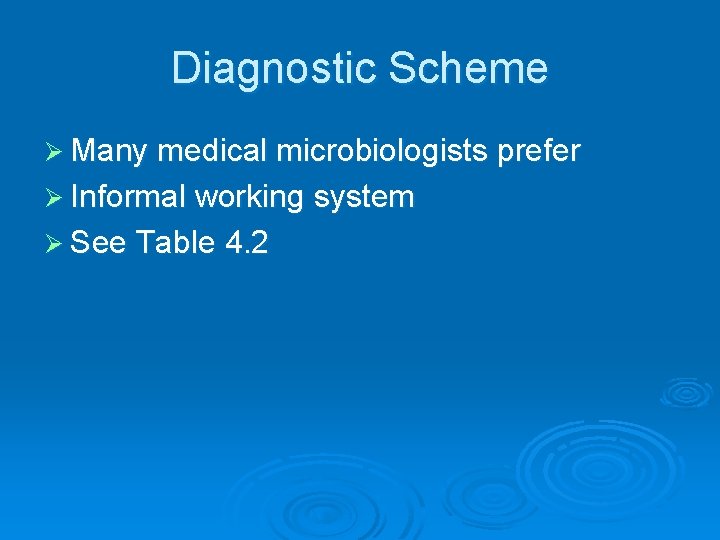 Diagnostic Scheme Ø Many medical microbiologists prefer Ø Informal working system Ø See Table