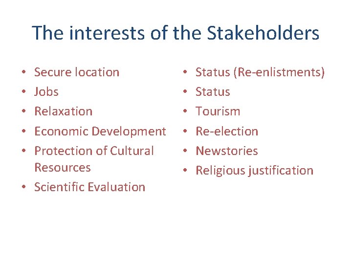 The interests of the Stakeholders Secure location Jobs Relaxation Economic Development Protection of Cultural