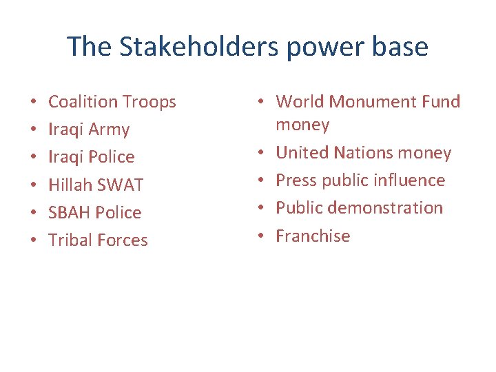 The Stakeholders power base • • • Coalition Troops Iraqi Army Iraqi Police Hillah