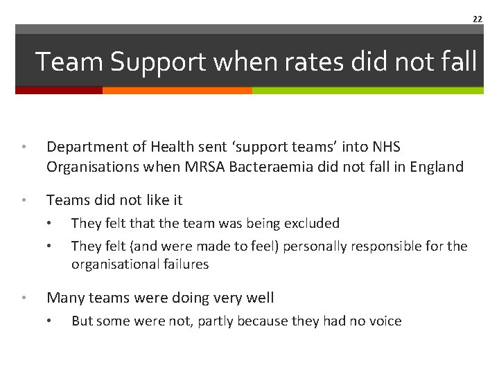 22 Team Support when rates did not fall • Department of Health sent ‘support