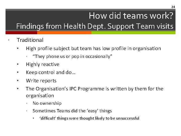 24 How did teams work? Findings from Health Dept. Support Team visits • Traditional