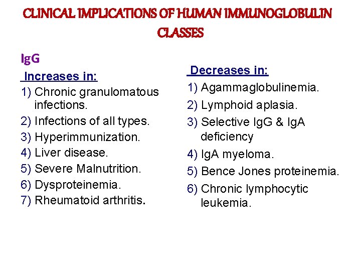 CLINICAL IMPLICATIONS OF HUMAN IMMUNOGLOBULIN CLASSES Ig. G Increases in: 1) Chronic granulomatous infections.