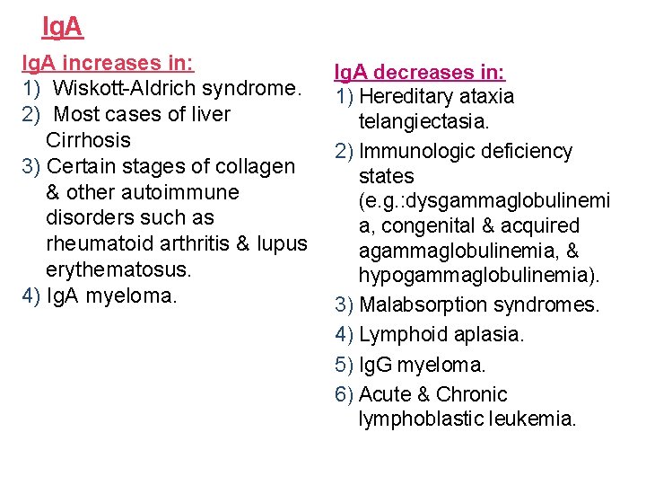 Ig. A increases in: 1) Wiskott-Aldrich syndrome. 2) Most cases of liver Cirrhosis 3)