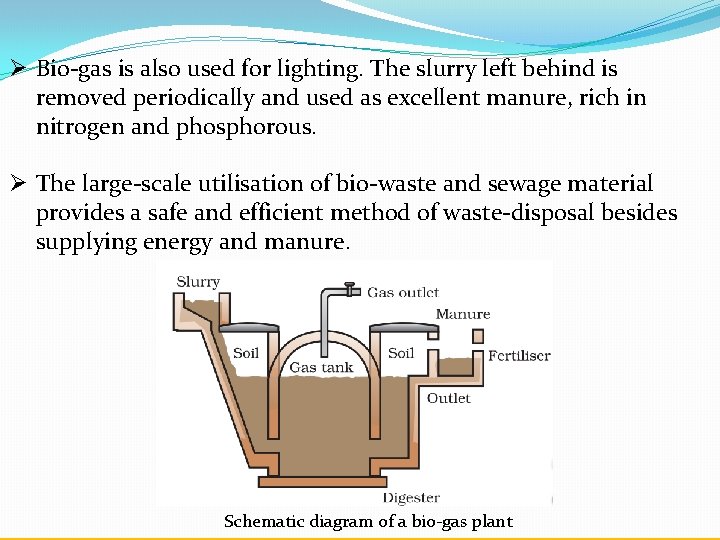 Ø Bio-gas is also used for lighting. The slurry left behind is removed periodically