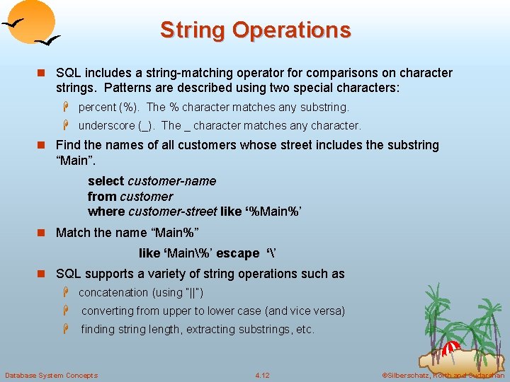 String Operations n SQL includes a string-matching operator for comparisons on character strings. Patterns String Operations n SQL includes a string-matching operator for comparisons on character strings. Patterns