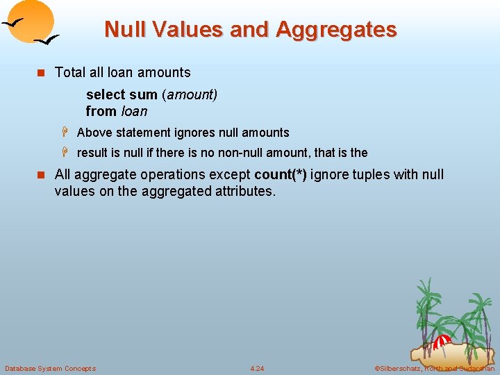 Null Values and Aggregates n Total all loan amounts select sum (amount) from loan Null Values and Aggregates n Total all loan amounts select sum (amount) from loan