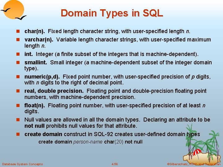 Domain Types in SQL n char(n). Fixed length character string, with user-specified length n. Domain Types in SQL n char(n). Fixed length character string, with user-specified length n.