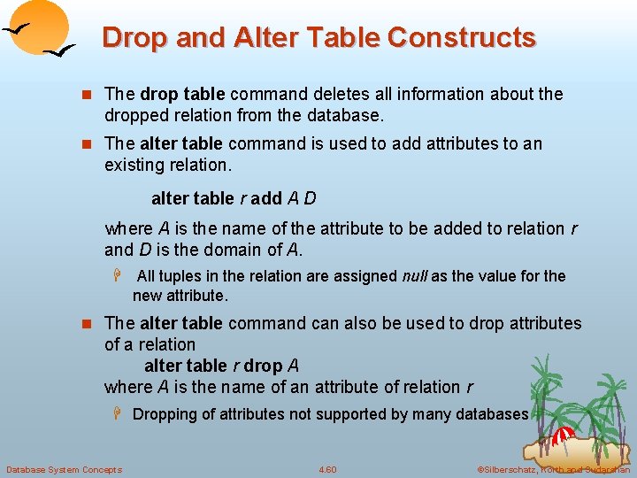 Drop and Alter Table Constructs n The drop table command deletes all information about Drop and Alter Table Constructs n The drop table command deletes all information about