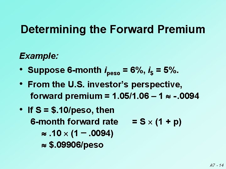 Determining the Forward Premium Example: • Suppose 6 -month ipeso = 6%, i$ =