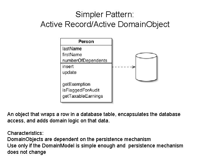 Simpler Pattern: Active Record/Active Domain. Object An object that wraps a row in a