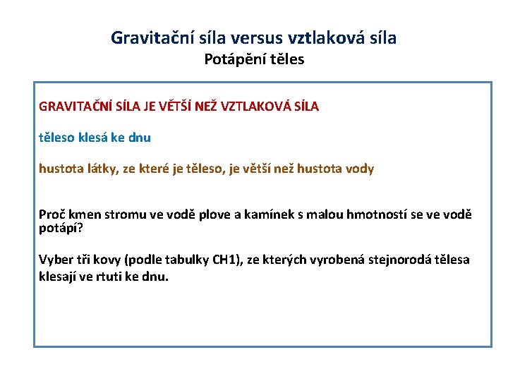 Gravitační síla versus vztlaková síla Potápění těles GRAVITAČNÍ SÍLA JE VĚTŠÍ NEŽ VZTLAKOVÁ SÍLA