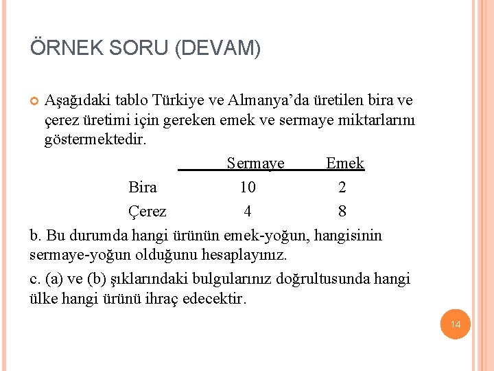 ÖRNEK SORU (DEVAM) Aşağıdaki tablo Türkiye ve Almanya’da üretilen bira ve çerez üretimi için