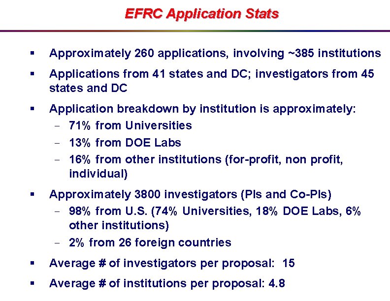 EFRC Application Stats Approximately 260 applications, involving ~385 institutions Applications from 41 states and