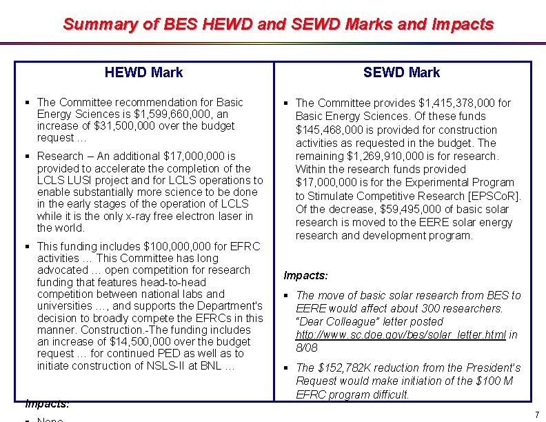 Summary of BES HEWD and SEWD Marks and Impacts HEWD Mark The Committee recommendation
