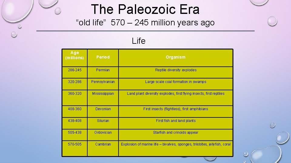 The Paleozoic Era “old life” 570 – 245 million years ago Life Age (millions)