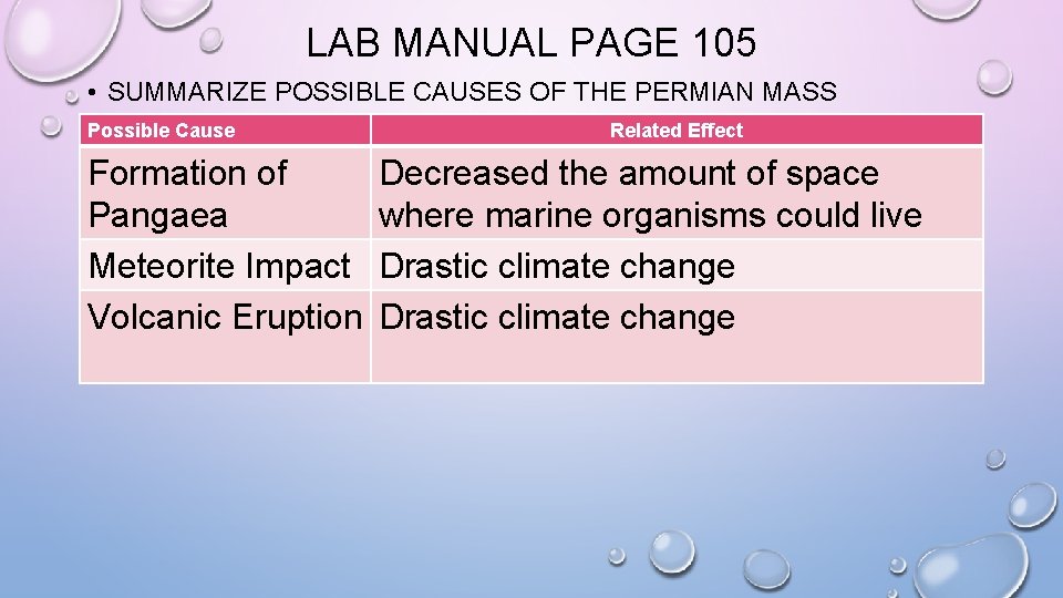 LAB MANUAL PAGE 105 • SUMMARIZE POSSIBLE CAUSES OF THE PERMIAN MASS Possible Cause