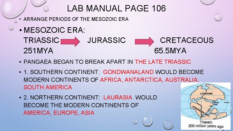 LAB MANUAL PAGE 106 • ARRANGE PERIODS OF THE MESOZOIC ERA • MESOZOIC ERA: