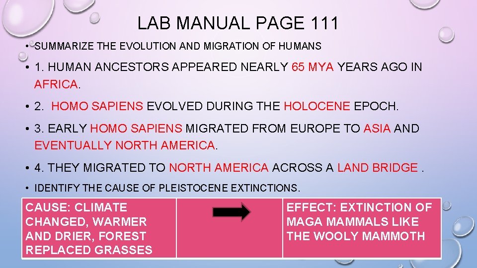 LAB MANUAL PAGE 111 • SUMMARIZE THE EVOLUTION AND MIGRATION OF HUMANS • 1.