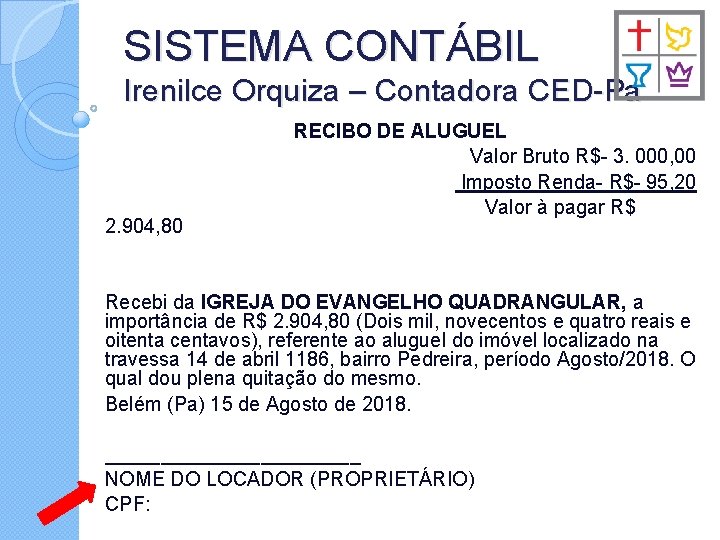 SISTEMA CONTÁBIL Irenilce Orquiza – Contadora CED-Pa 2. 904, 80 RECIBO DE ALUGUEL Valor