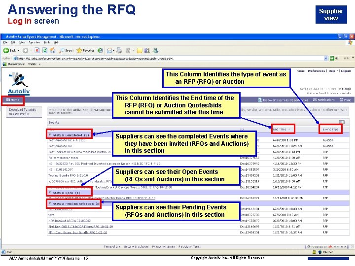 Answering the RFQ Supplier view Log in screen This Column Identifies the type of