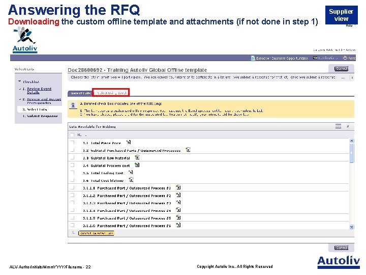 Answering the RFQ Downloading the custom offline template and attachments (if not done in
