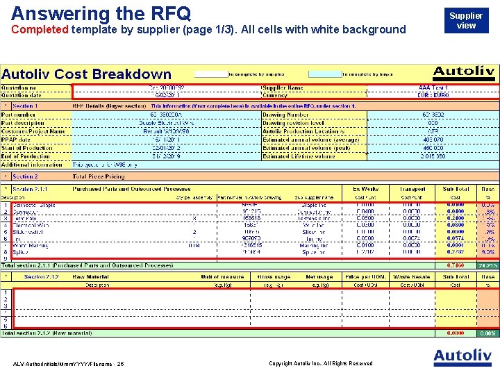 Answering the RFQ Completed template by supplier (page 1/3). All cells with white background