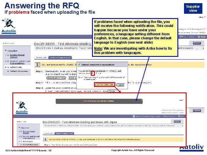 Answering the RFQ Supplier view If problems faced when uploading the file, you will