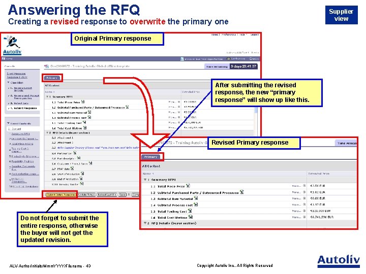 Answering the RFQ Creating a revised response to overwrite the primary one Original Primary