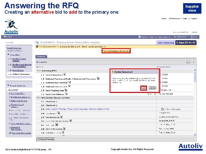 Answering the RFQ Creating an alternative bid to add to the primary one. ALV-Author.
