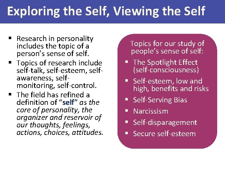 Exploring the Self, Viewing the Self § Research in personality includes the topic of